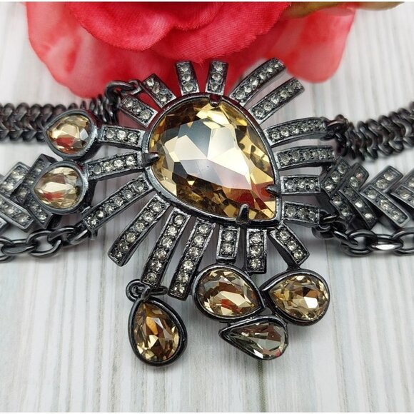NWT Ann Taylor Statement Bracelet Gun Metal Multi Strand Crystal Accents Toggle - Picture 1 of 12